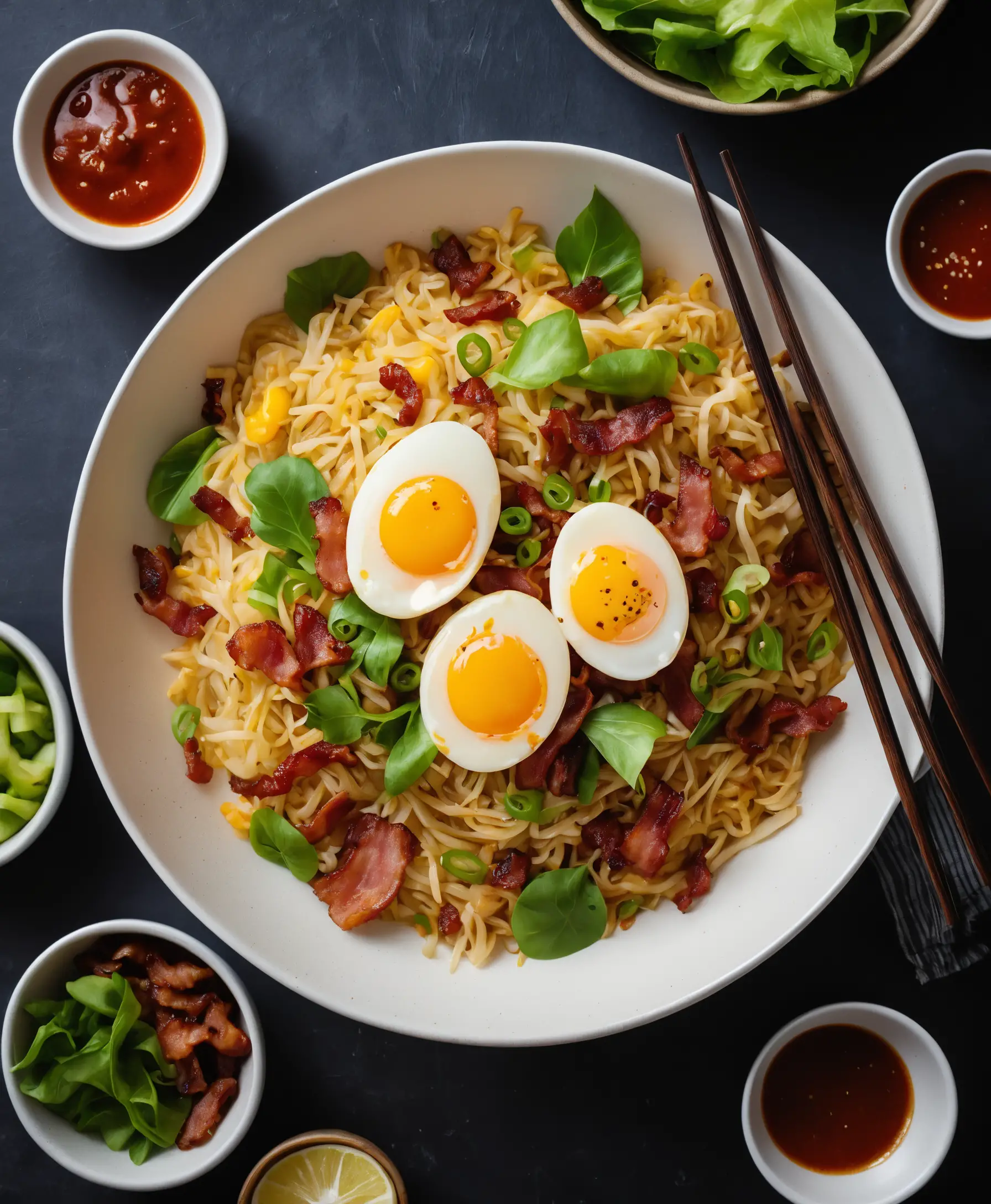 Overhead view of stir fried rice noodles with bacon and egg