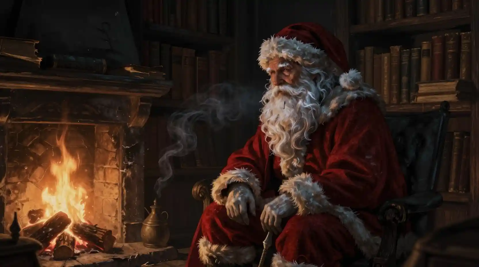 Solitary Santa By The Hearth In An Ancient Library