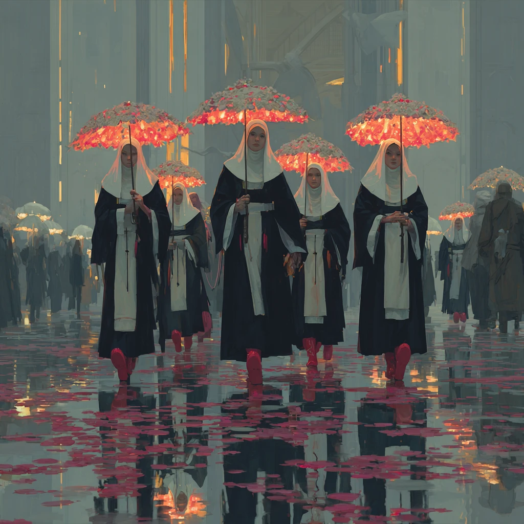 Nonnes fantaisistes en bottes rouges marchant sous des parapluies-fleurs lumineux
