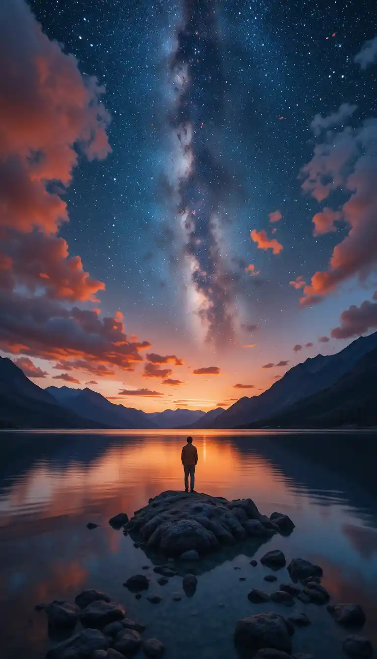 Einsame Figur in einem sternenklaren Bergsee bei Sonnenuntergang