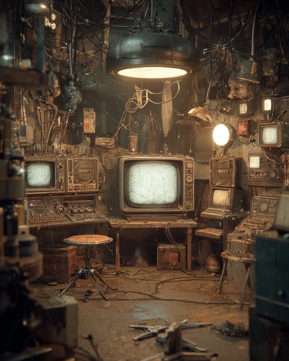Sala de controle surreal em colapso da era Shōwa com maquinário obsoleto
