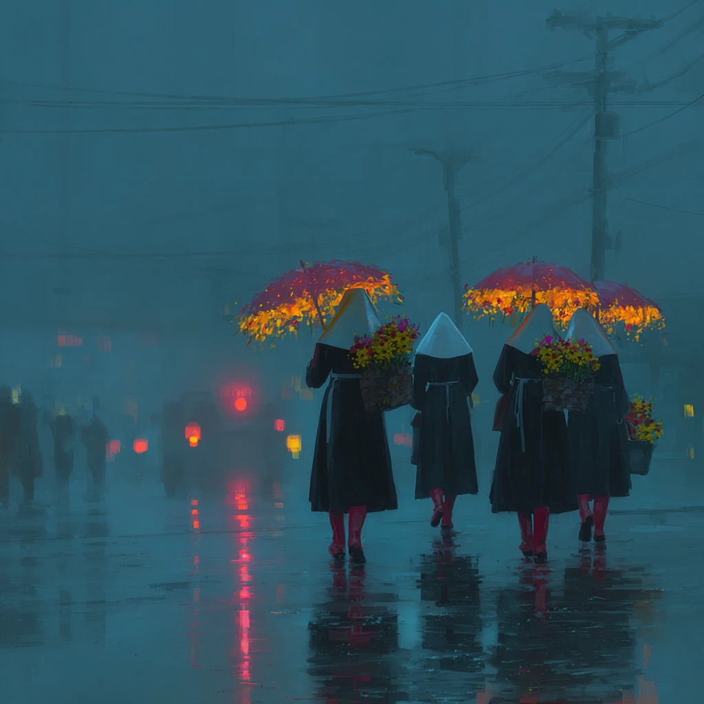 Nonnes fantaisistes en bottes de pluie rouges sous des parapluies floraux lumineux