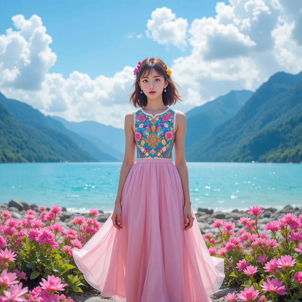 Young woman in floral dress by turquoise mountain lake