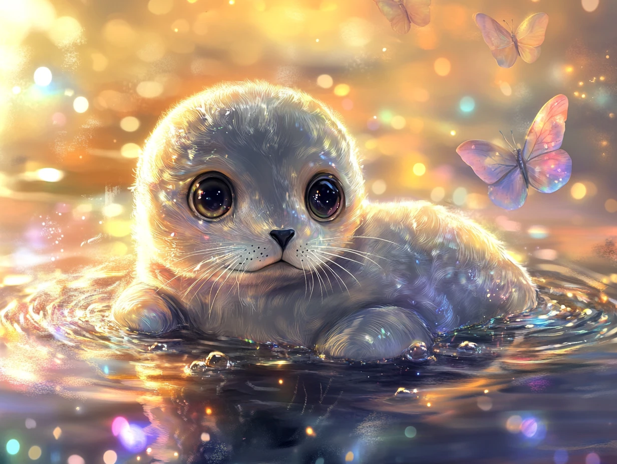 Foca bebê fofa em uma piscina cintilante de pôr do sol em tons pastéis
