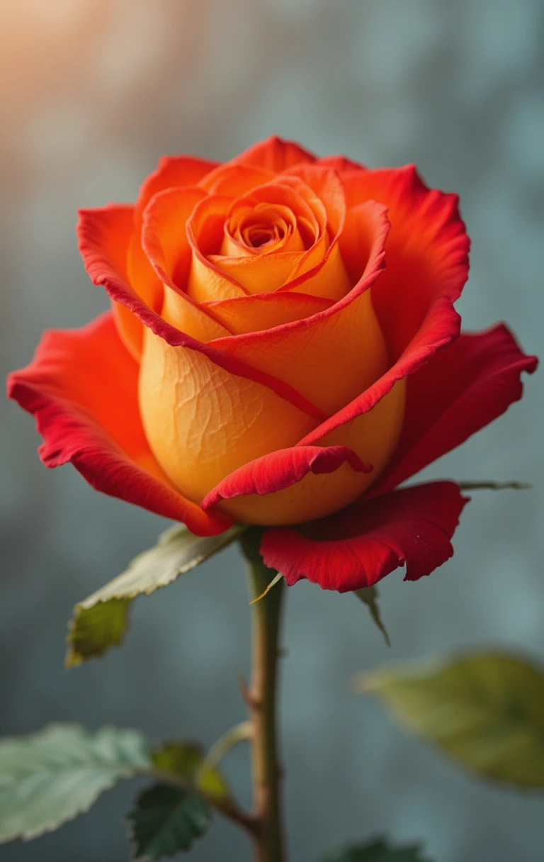 Close-up de uma rosa amarela e vermelha em foco suave