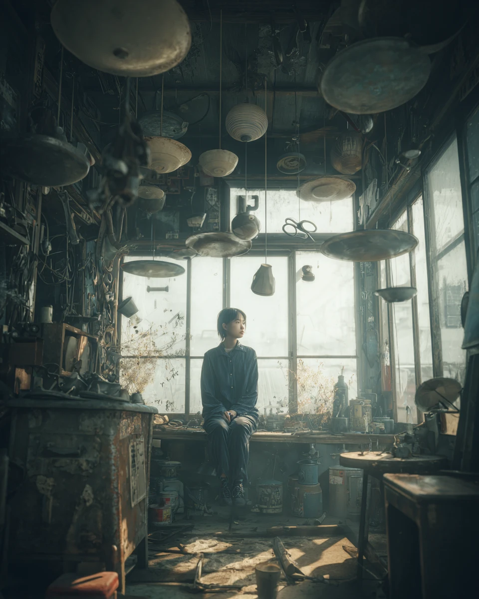Strumenti fluttuanti surreali attorno a un uomo solo in un laboratorio