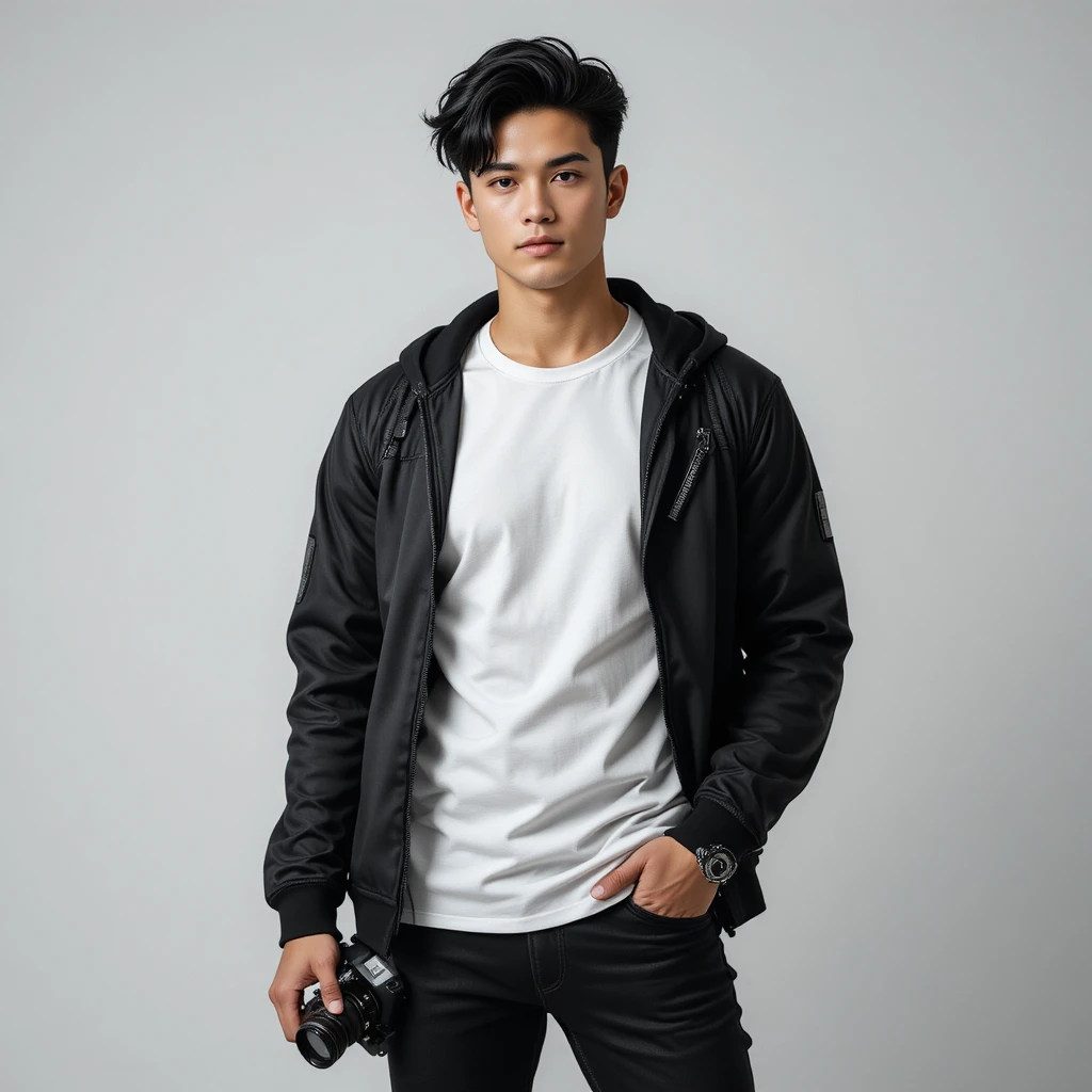 Giovane uomo stiloso con fotocamera in outfit bianco e nero