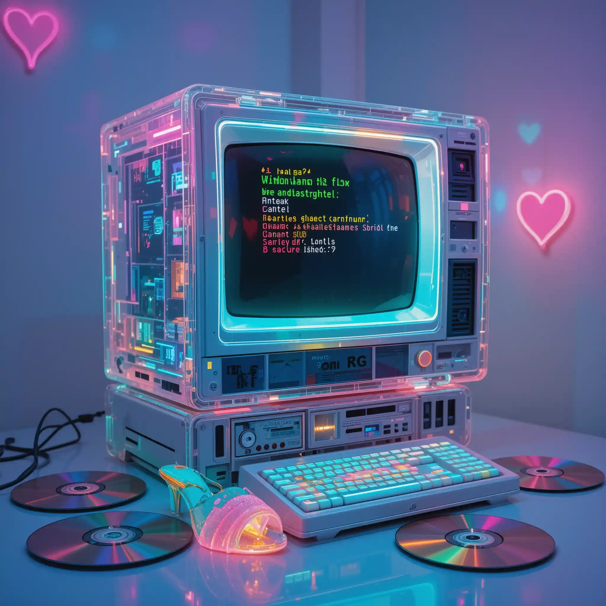 Holographic glitch computer with neon retro cyber details