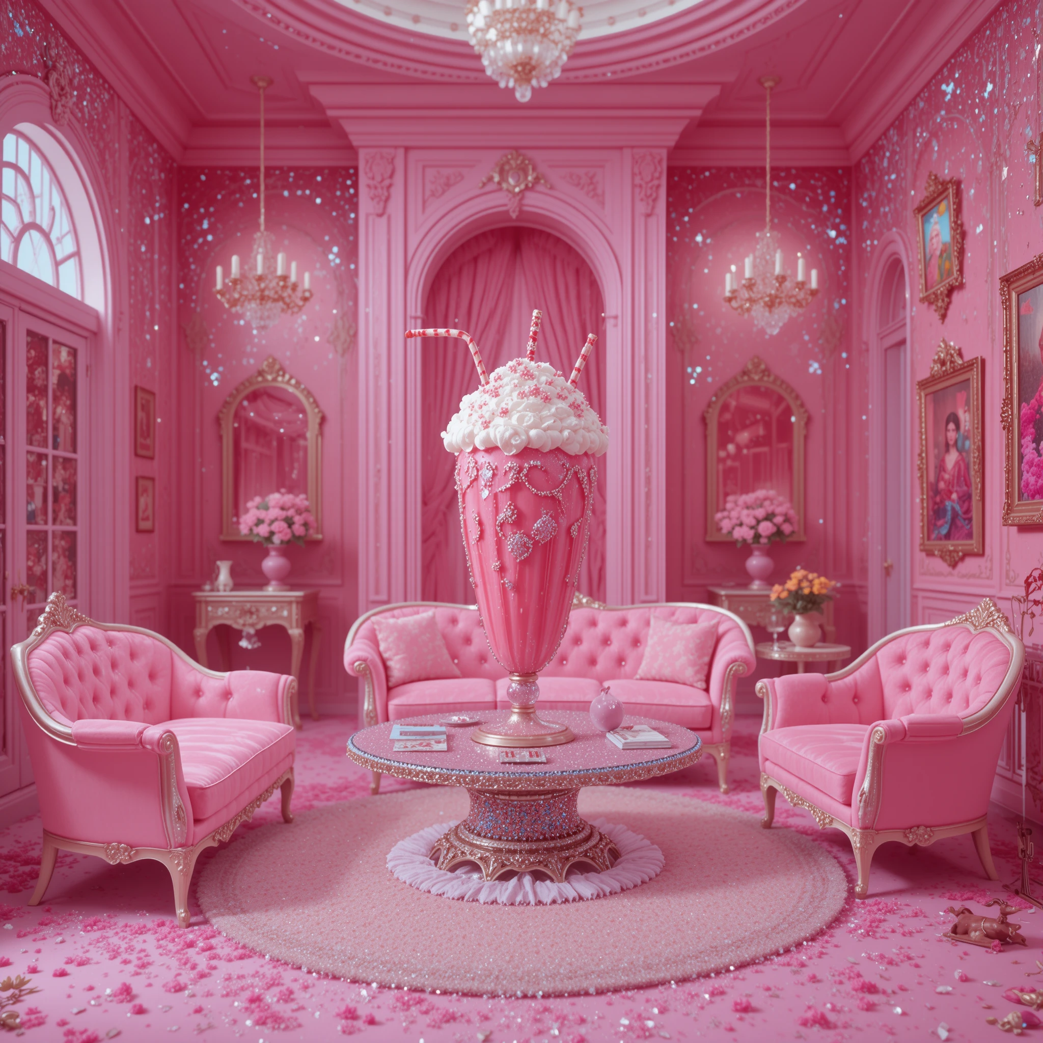 Intérieur de Maison de Rêve Rose et Ludique avec Paillettes et Milkshake