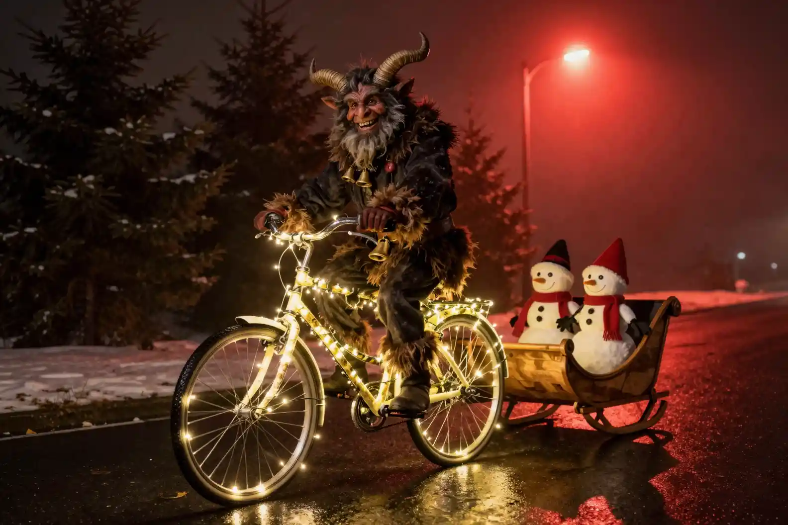 Smiling Krampus Riding Fairy Lit Bicycle At Night