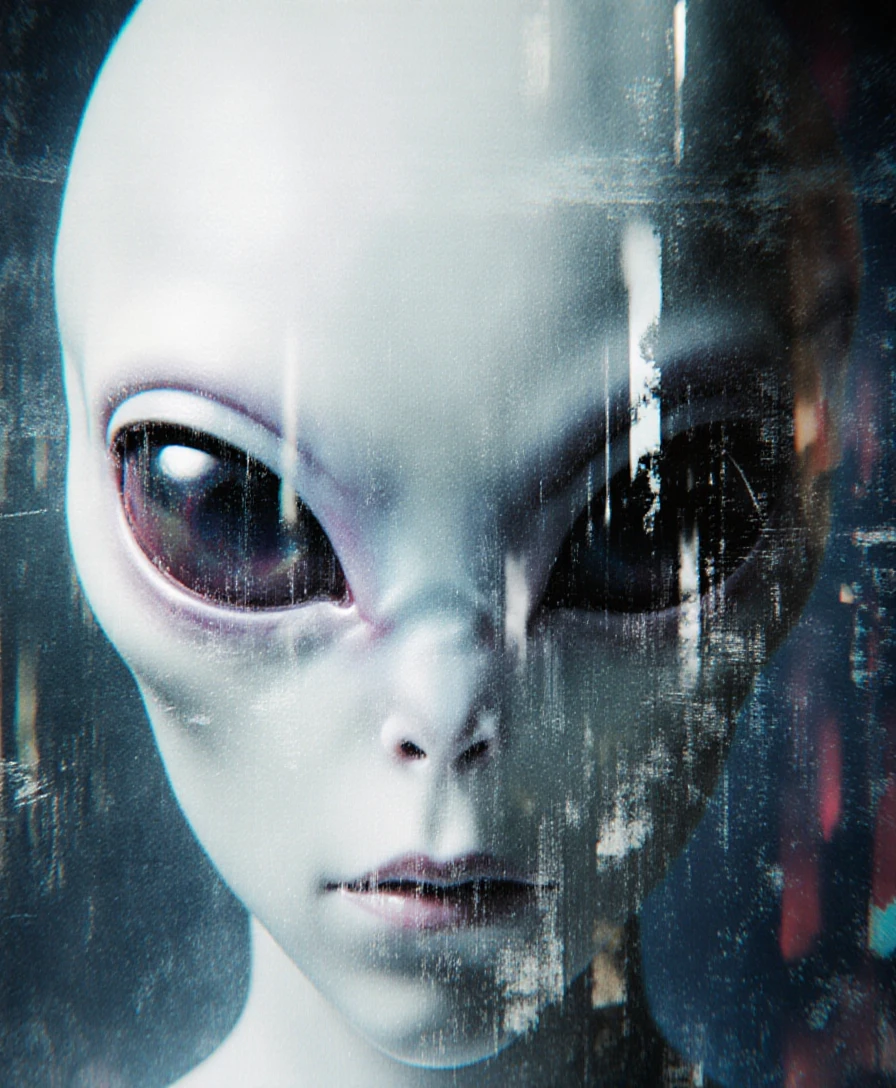Menschliches Gesicht im verstörenden Blick eines Aliens