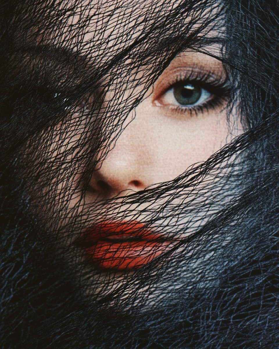 Retrato surreal de rosto bordado com colagem vintage sombria