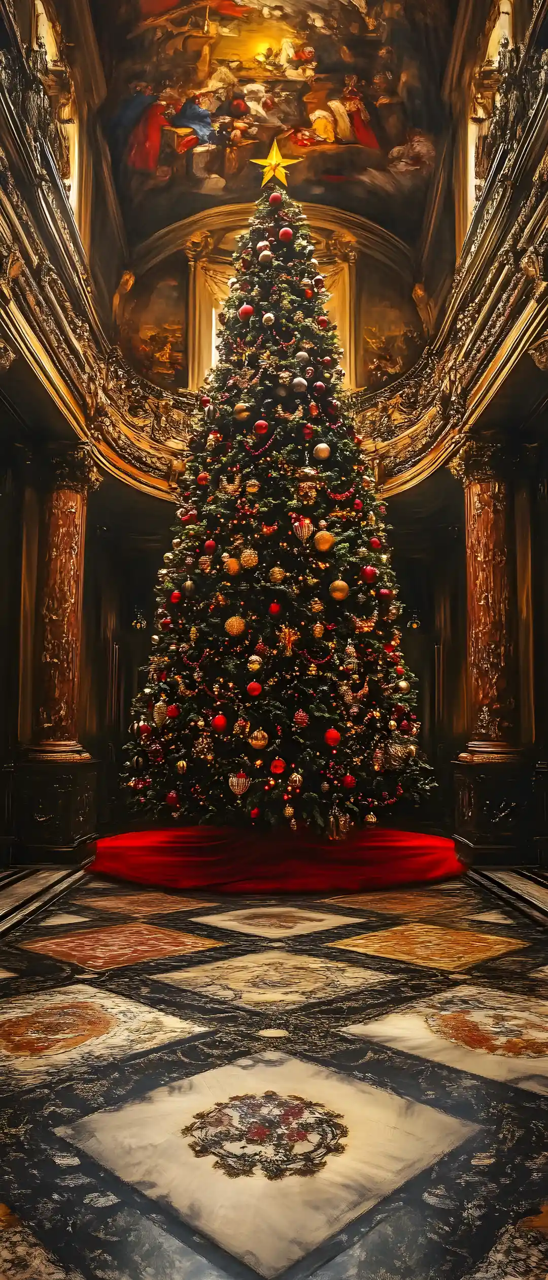 Albero di Natale gigante in un grande corridoio decorato