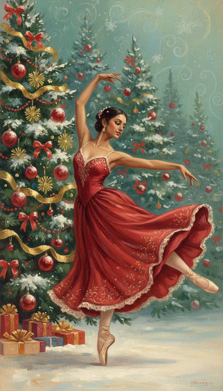 Graceful ballerina dancing beside a festive Christmas tree