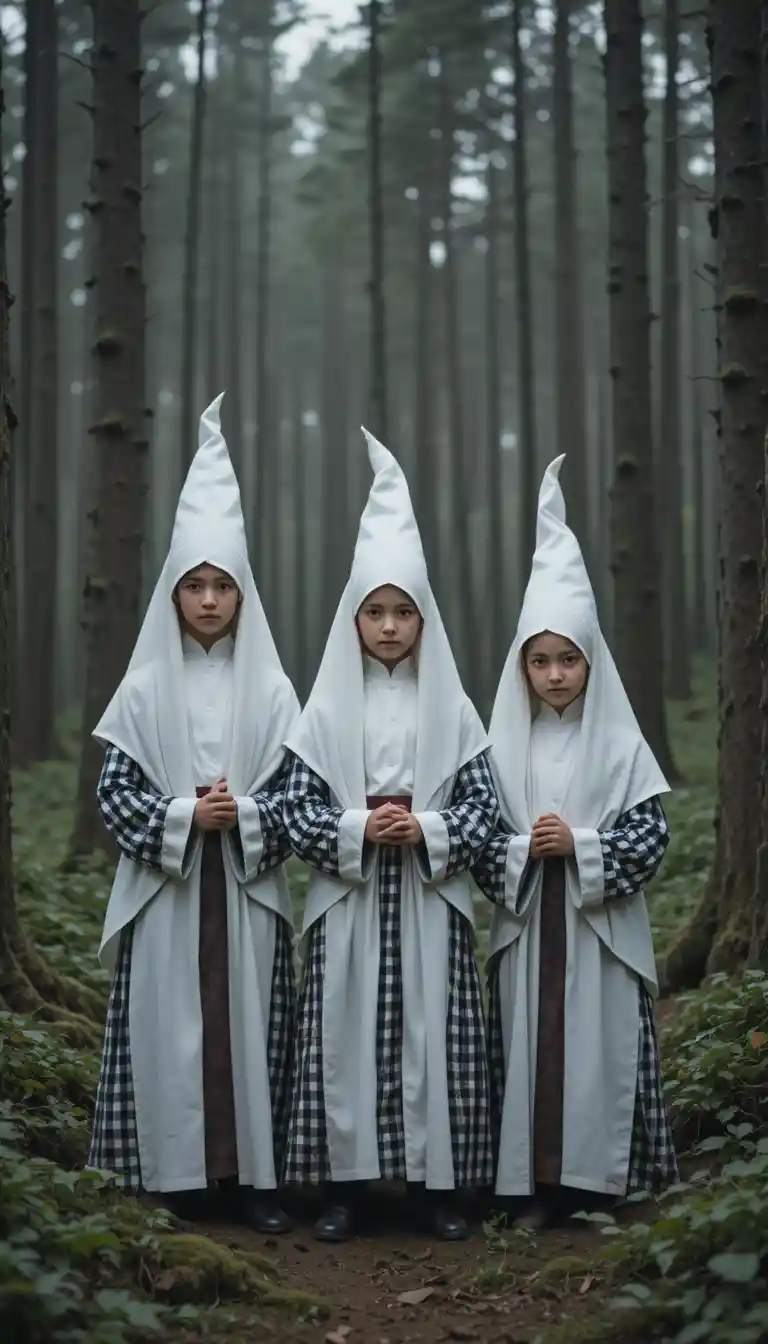 Des enfants en capuches blanches pointues debout ensemble dans une forêt