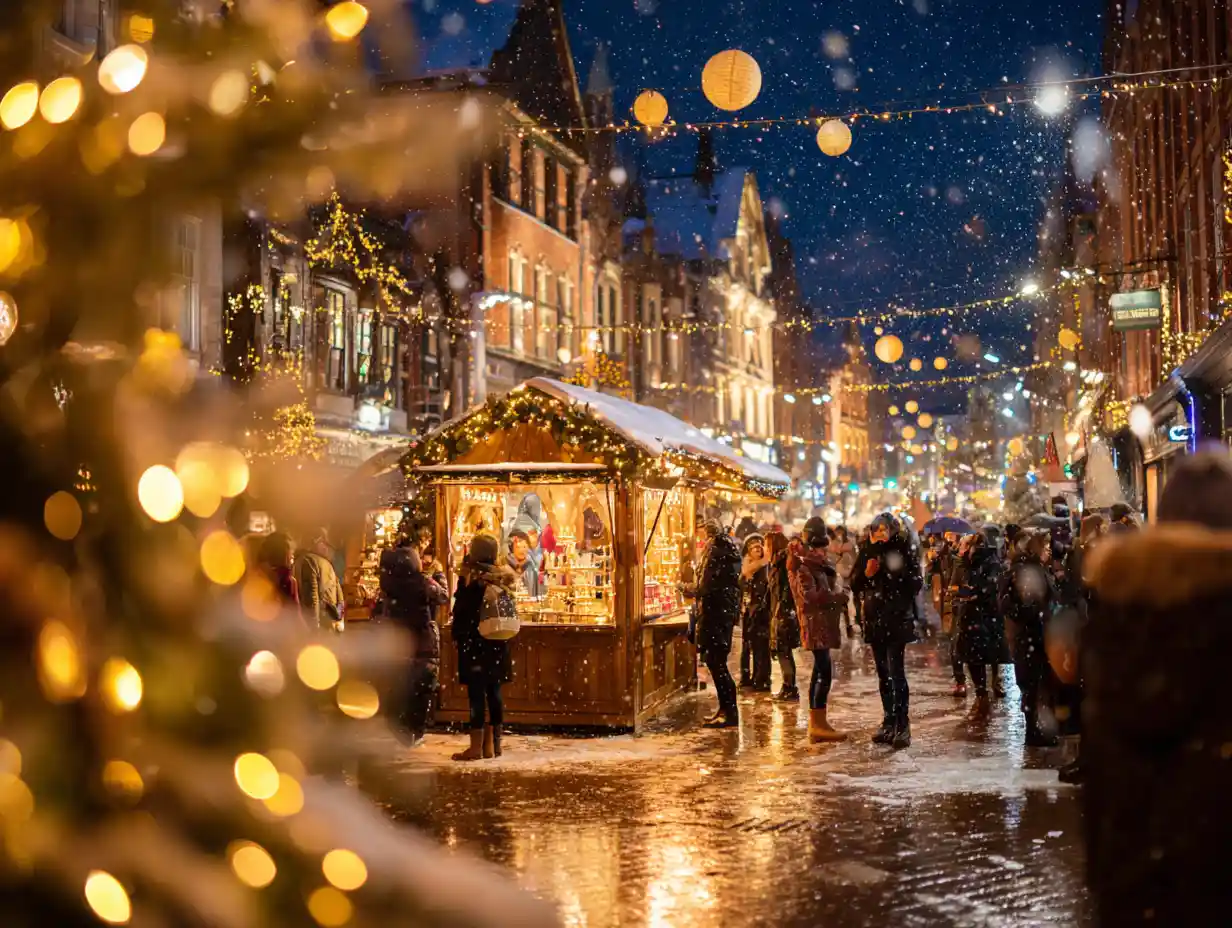 Festive night crowd in a glowing city square