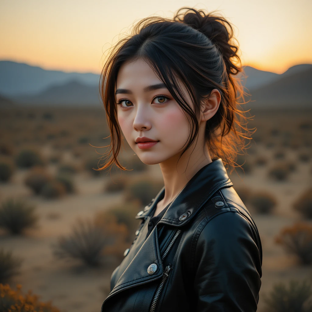 革ジャケットの若い女性と暖かな砂漠の夕日