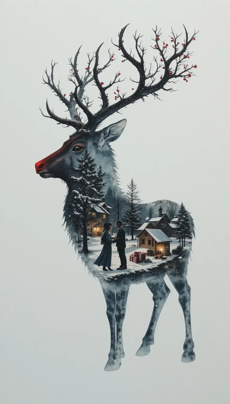 Double exposure reindeer silhouette with snowy village scene