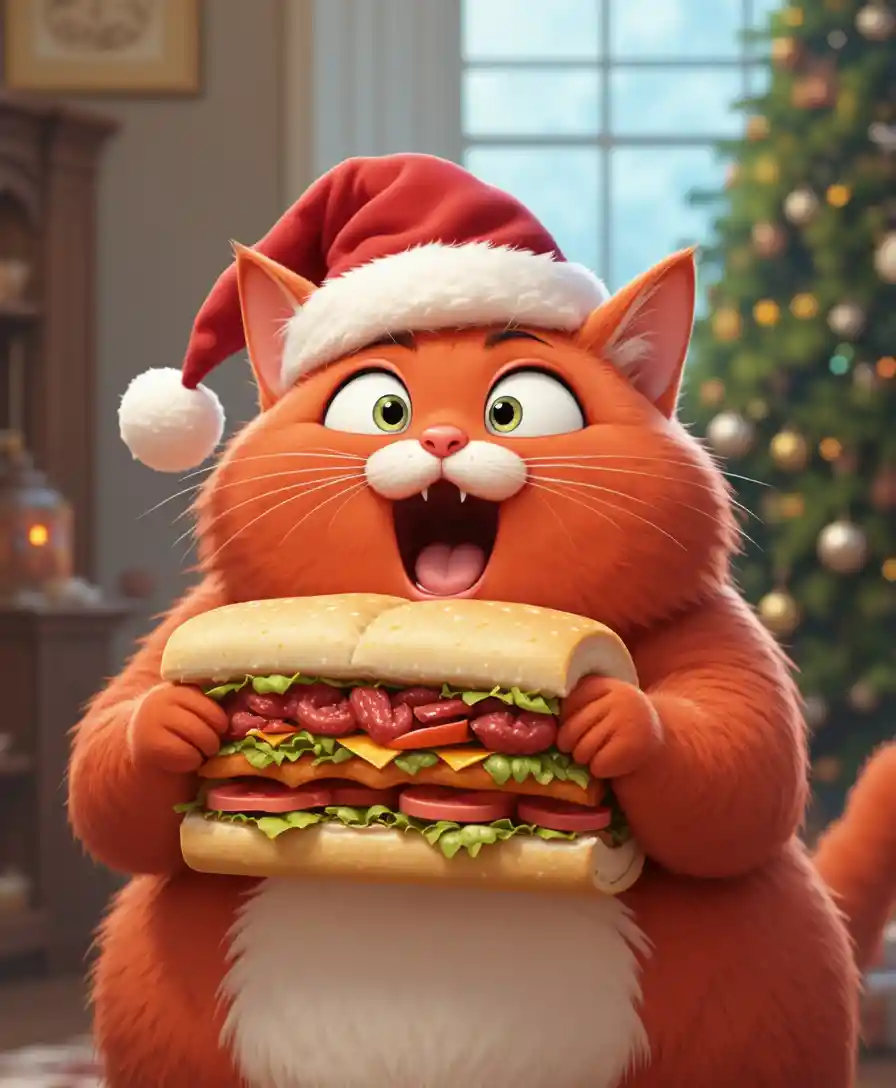 Gatto paffuto a cartone con cappello di Babbo Natale che tiene un enorme panino al caviale