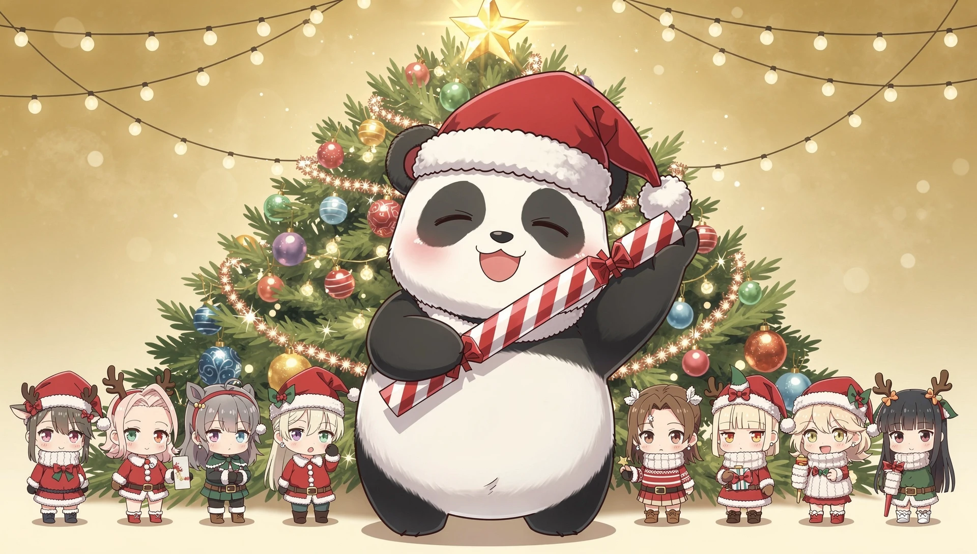 Cute chibi panda celebrating in a festive christmas party