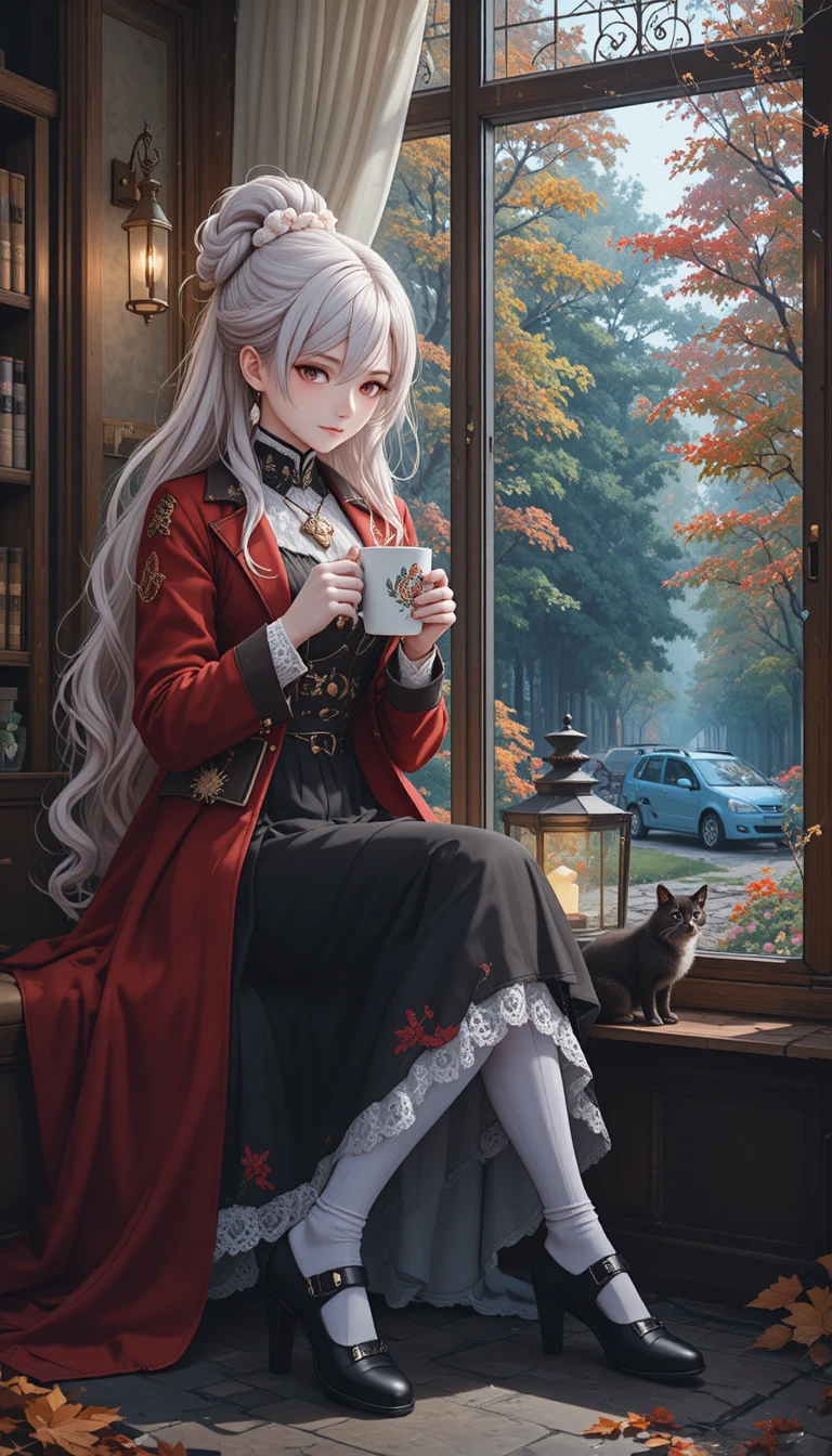 White haired anime girl in red coat drinking coffee in cafe