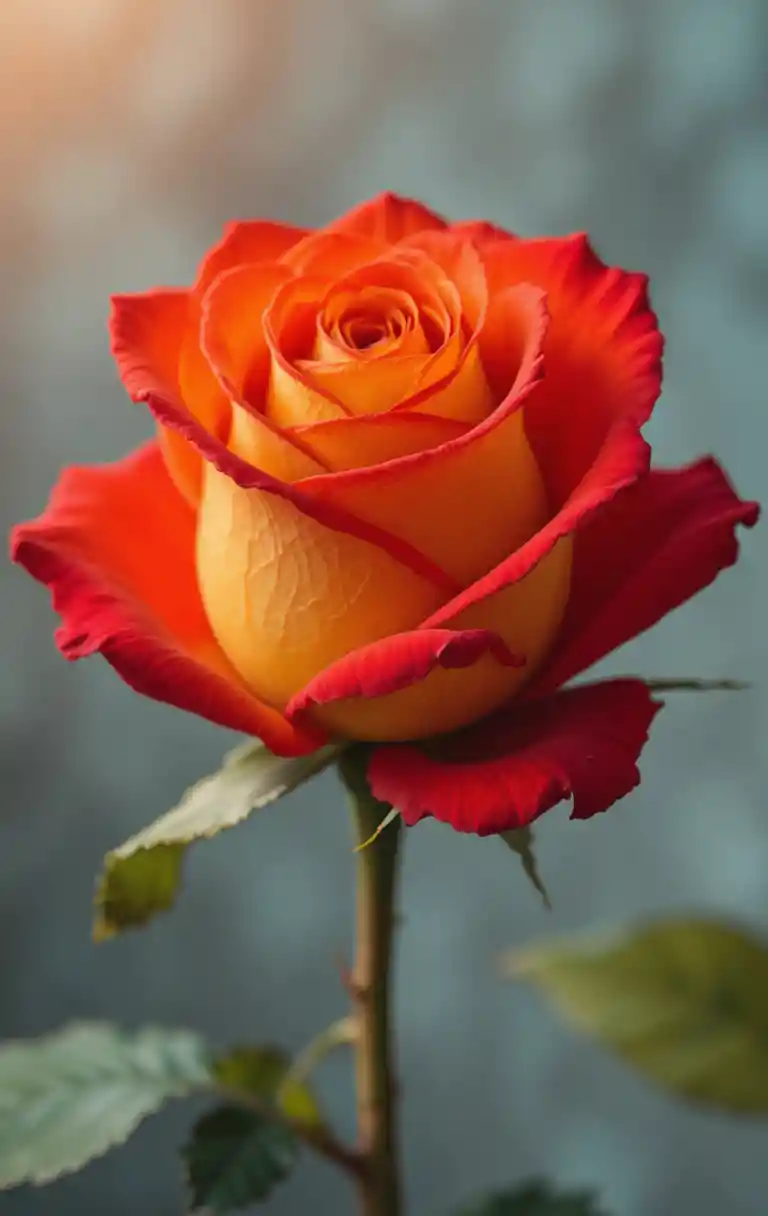 Close up of a yellow and red rose in soft focus