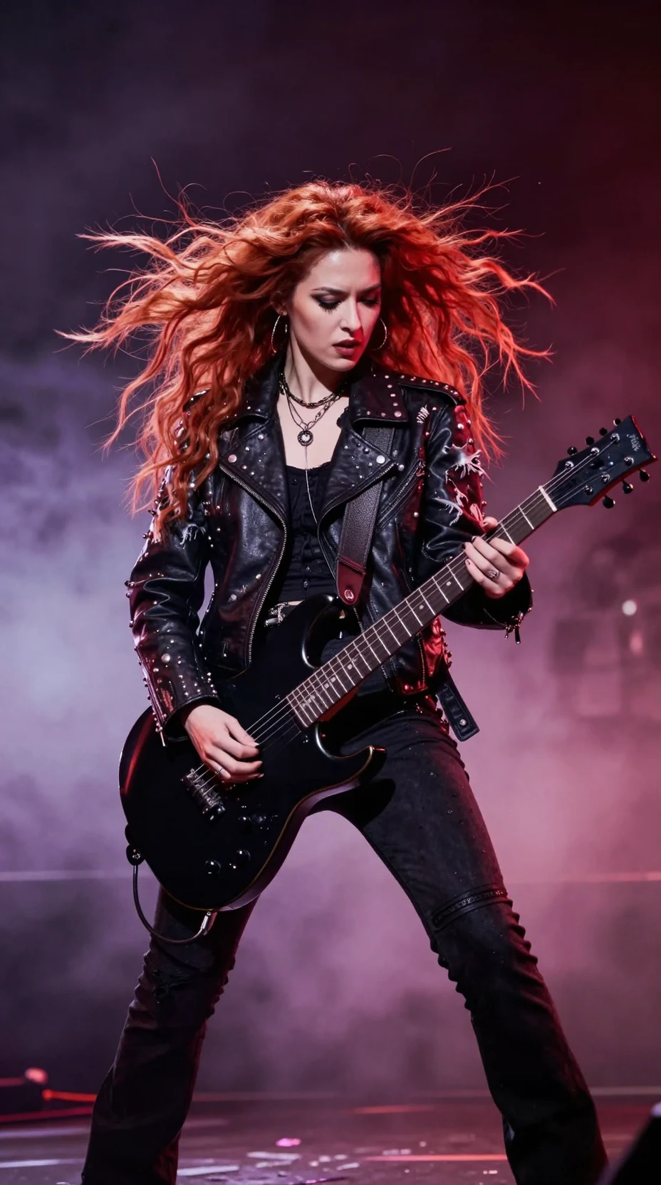 Fierce female rock guitarist headbanging on smoky stage