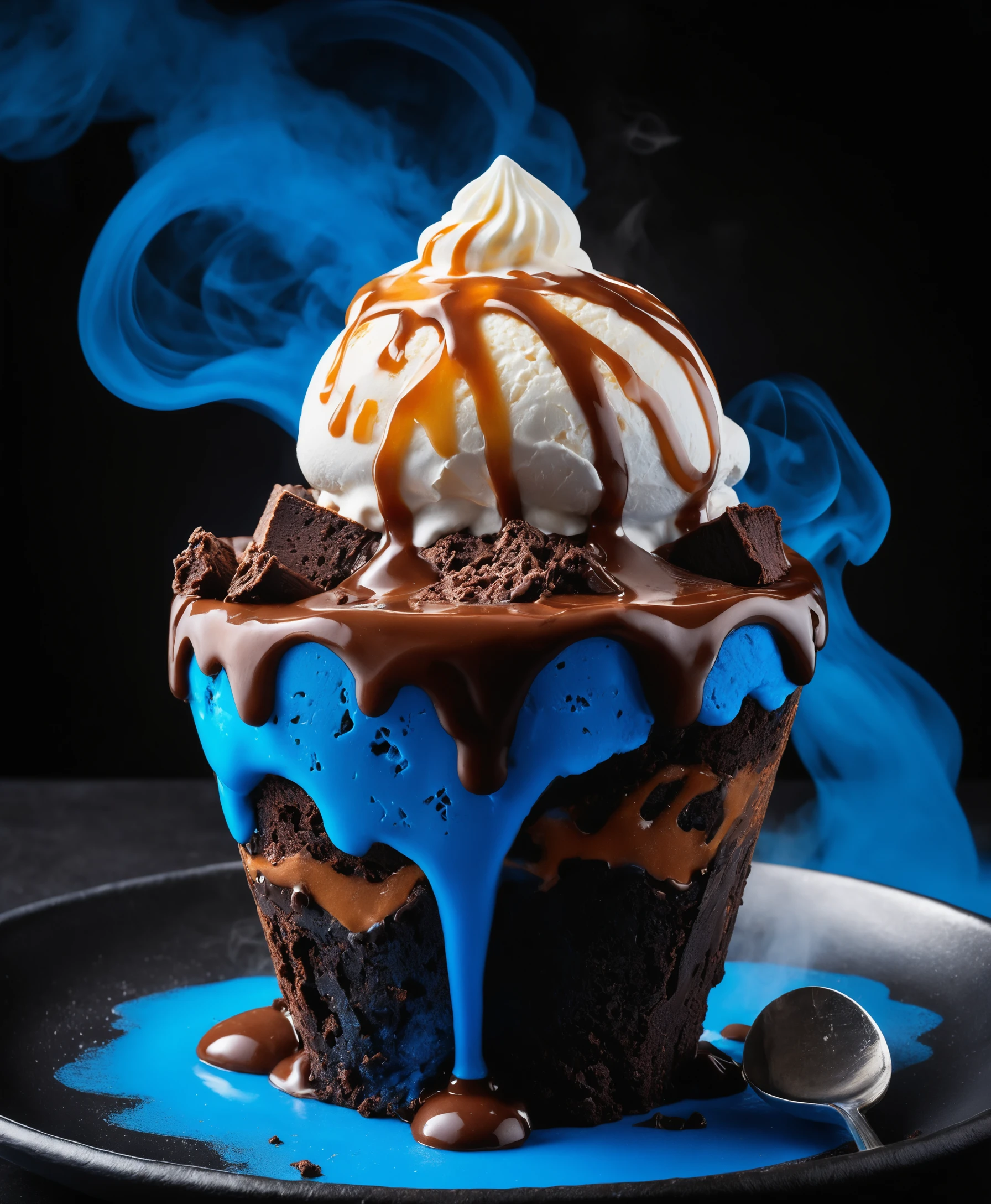 Sundae de hot fudge fantástico em uma cratera de vulcão de caramelo