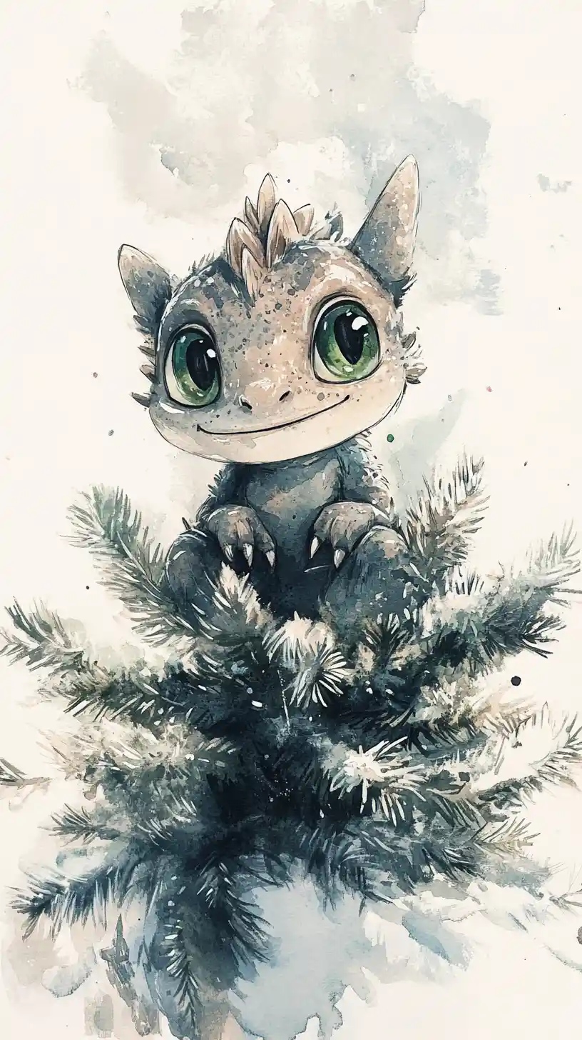 Piccolo Drago ad Acquerello Nascosto in un Albero di Natale