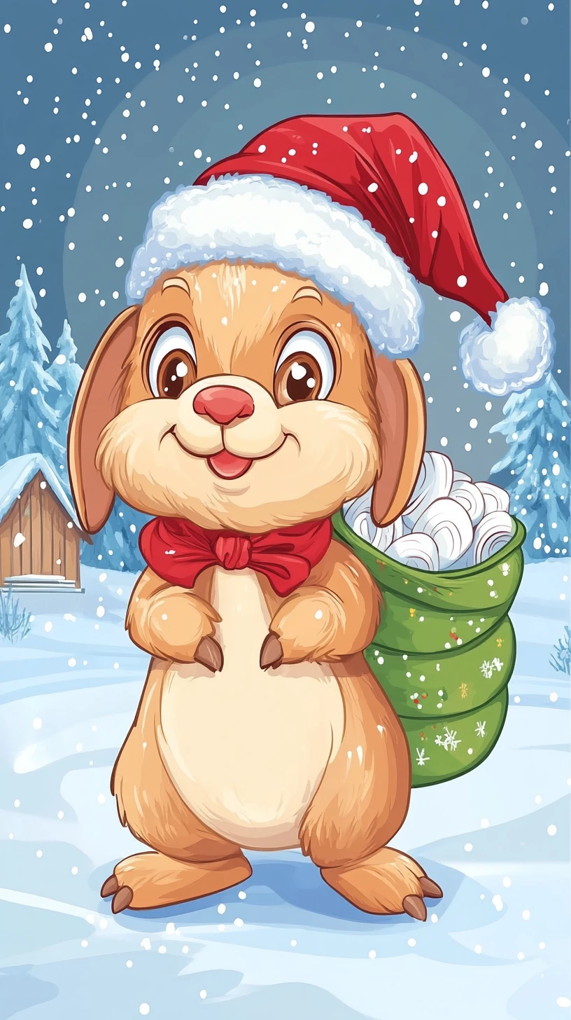 Verspielter Cartoon-Hase wirft Toilettenpapier im winterlichen Schnee