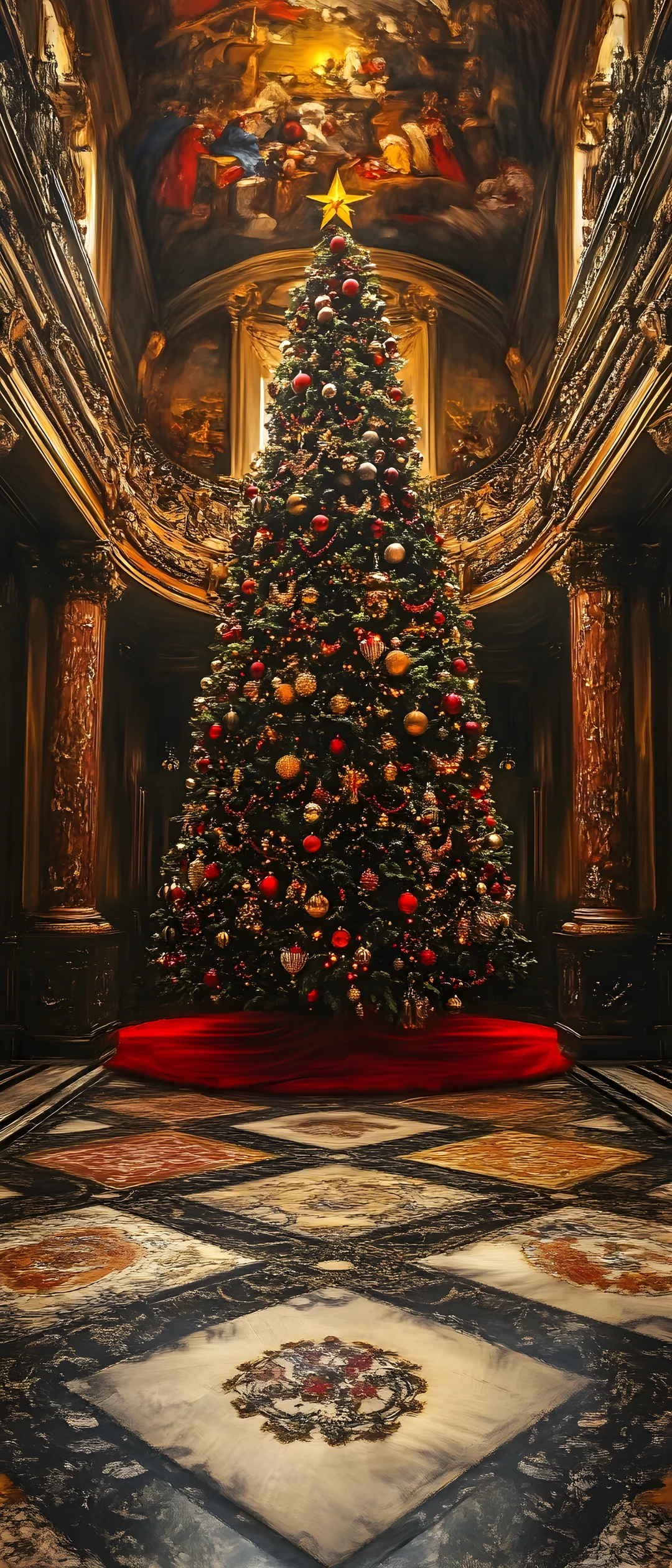 Riesiger Weihnachtsbaum in einer prächtig dekorierten Halle