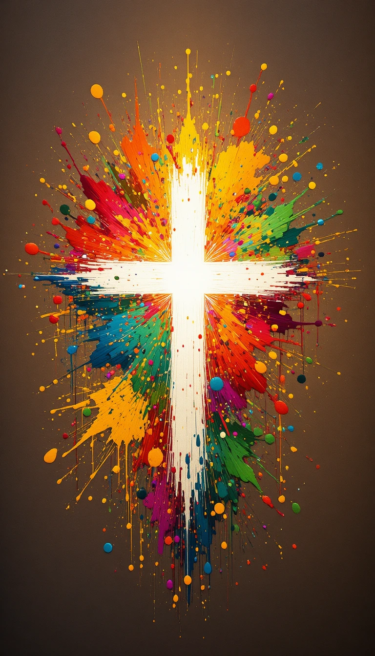 Cruz branca brilhante com respingos de tinta abstrata coloridos