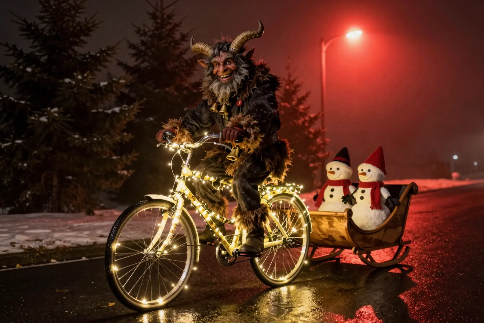 Krampus sorridente in bicicletta illuminata da luci fatate di notte