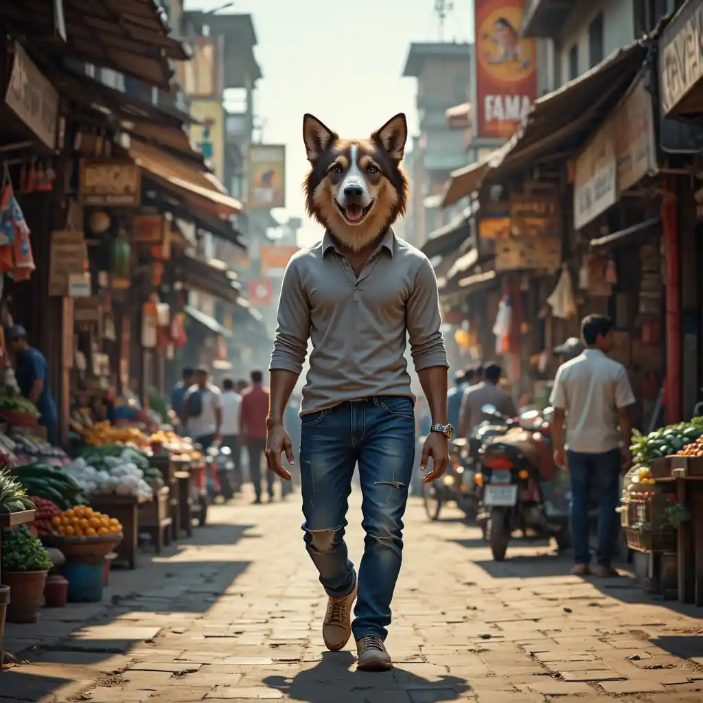 Anthropomorphic dog walking through a busy Indian market