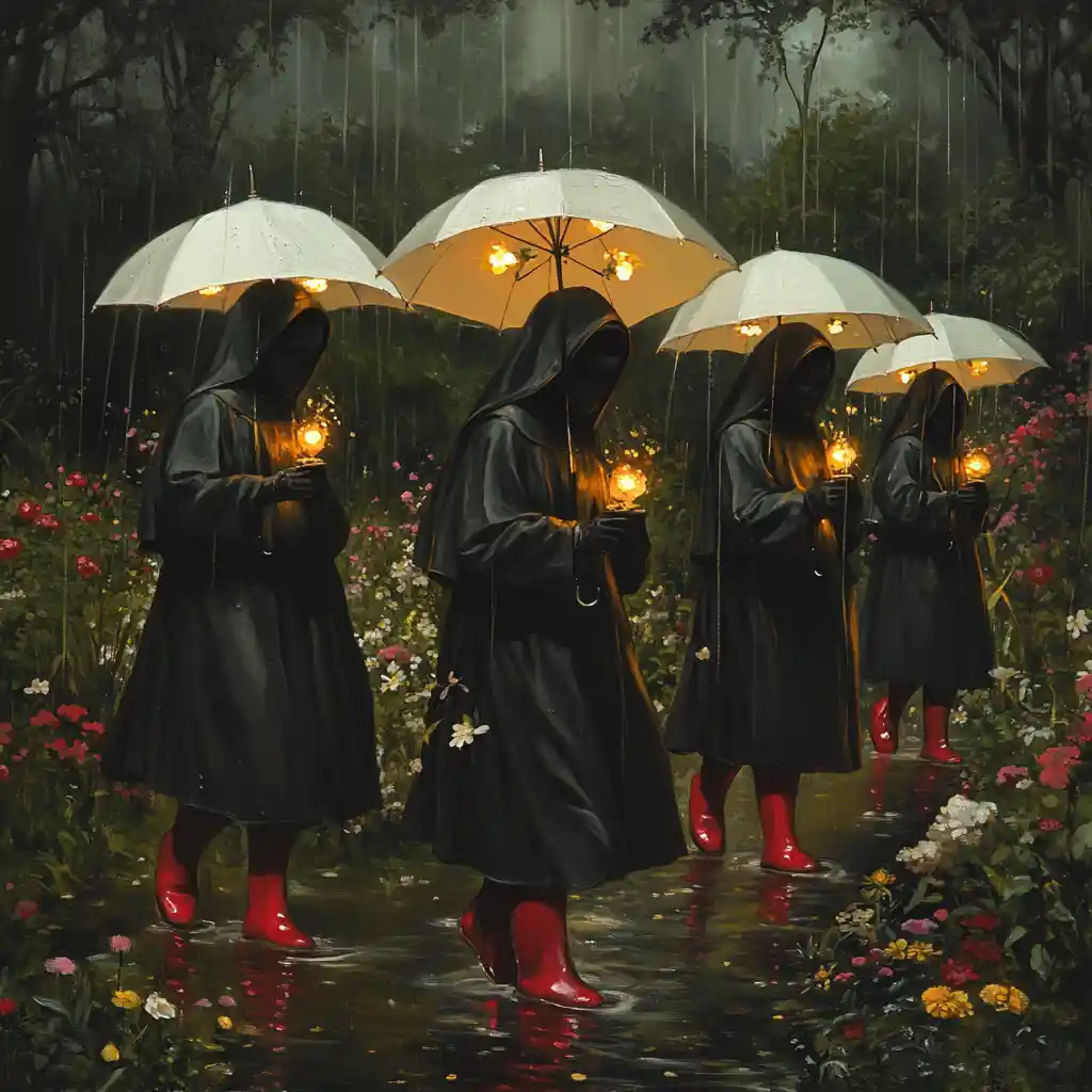 Nuns In Red Rain Boots Walking Through A Rainy Garden