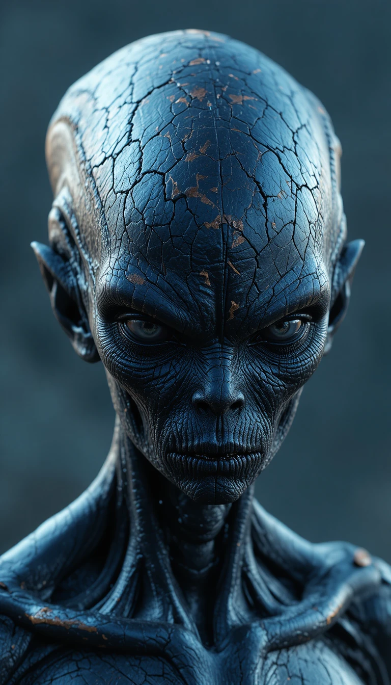 Rostro intenso de alienígena negro con piel dorada agrietada