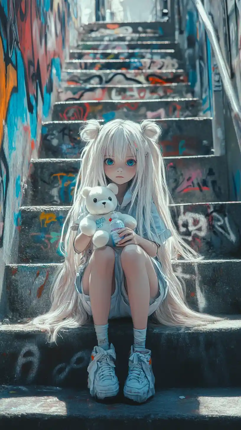 塗鴉階梯上的白色泰迪熊動漫少女
