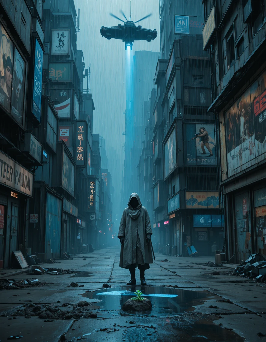 Gehüllter Mann unter blauem Neon in regnerischer dystopischer Megastadt