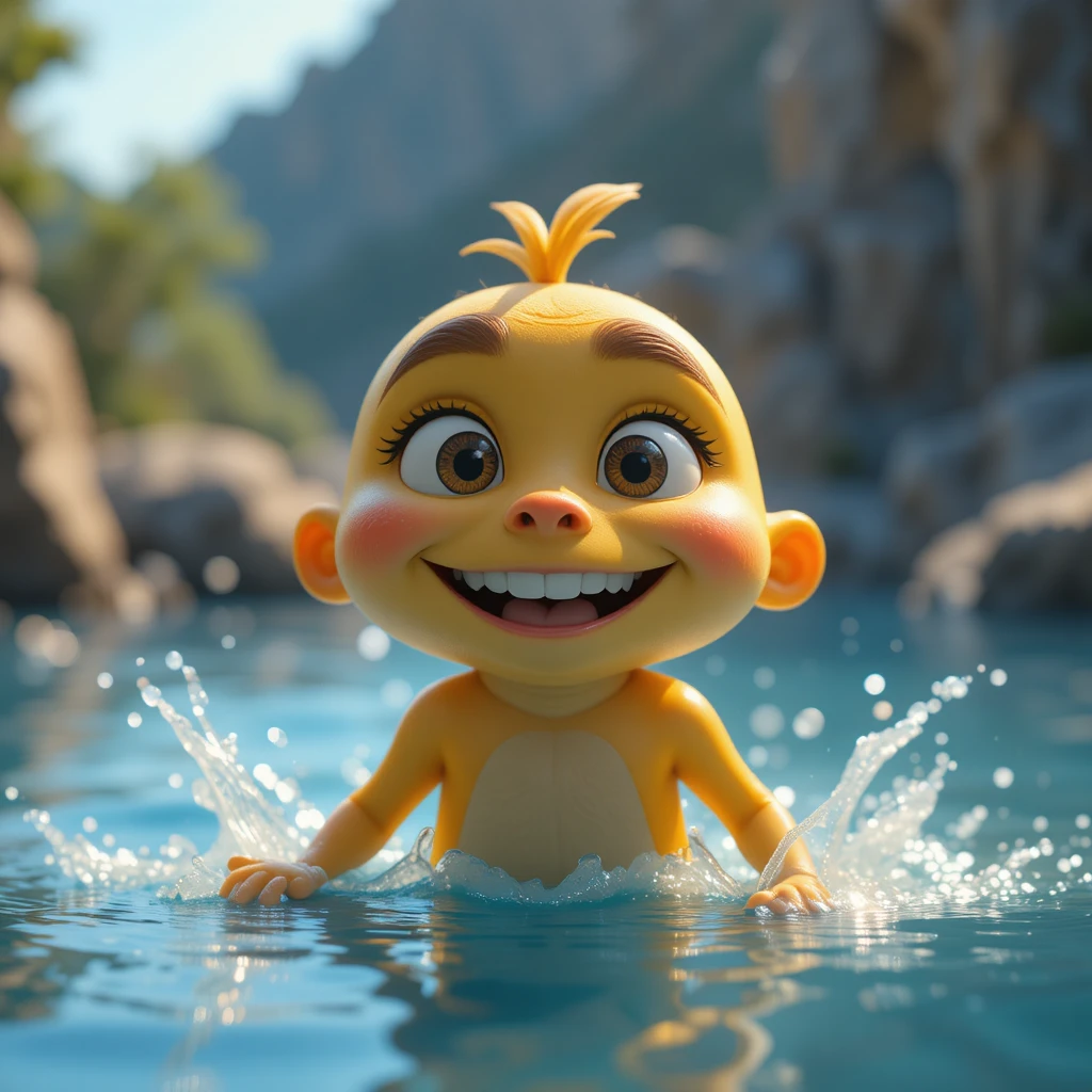 Adorable canard 3D jaune avec nœud papillon rouge dans l’eau