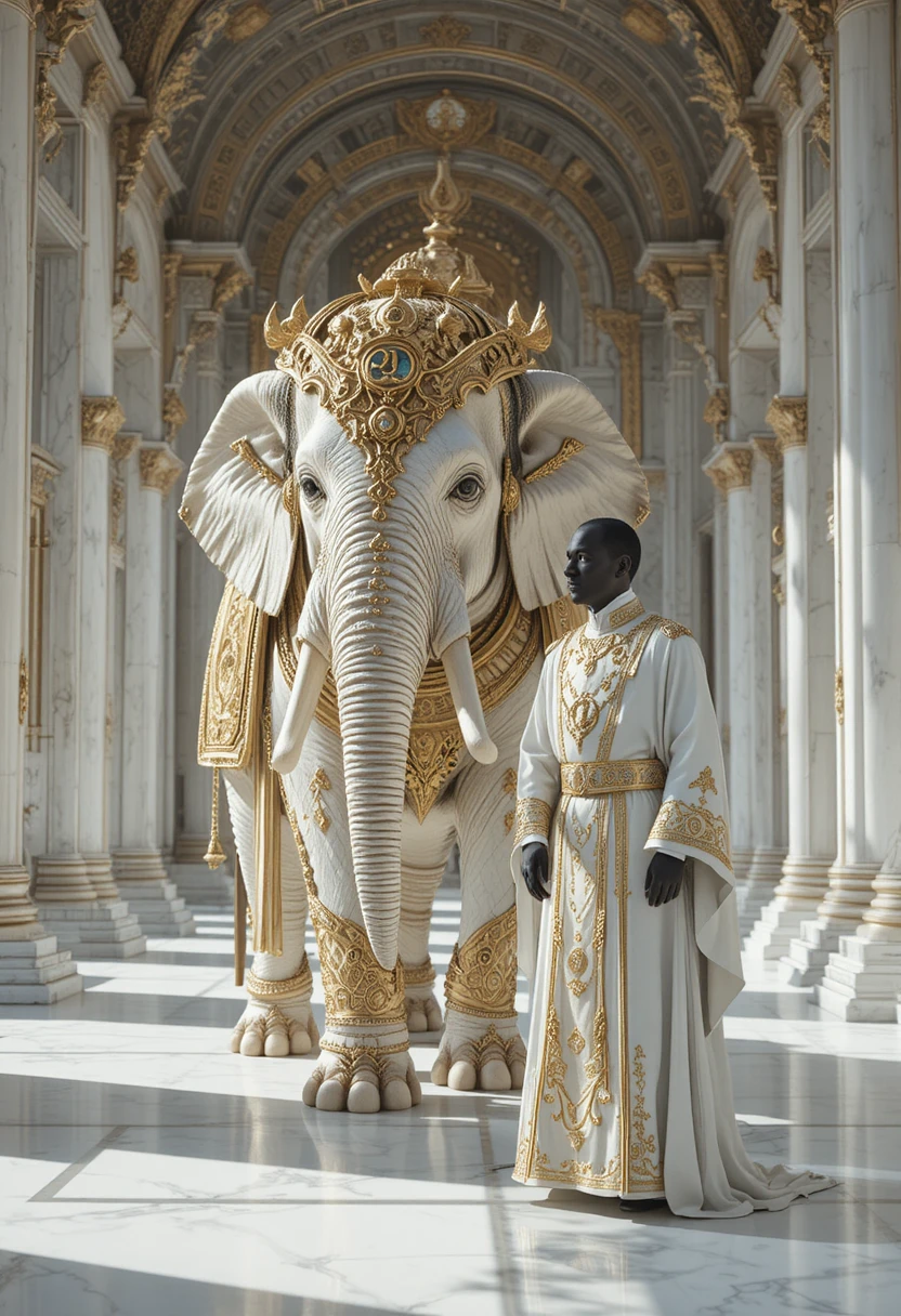Elefante branco blindado ao lado de sacerdote mascarado em templo de mármore