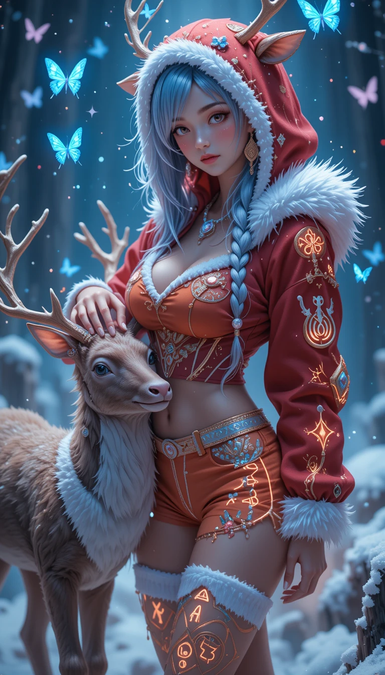 Ragazza renna fantasy con luminoso abito di Natale nella neve
