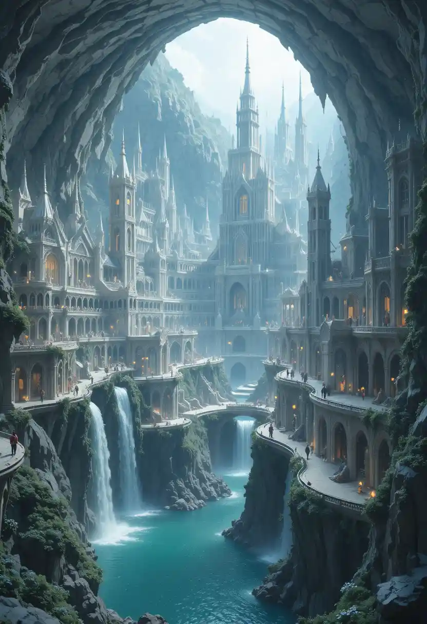 Colossal cidade branca de fantasia dentro de uma imensa caverna de calcário