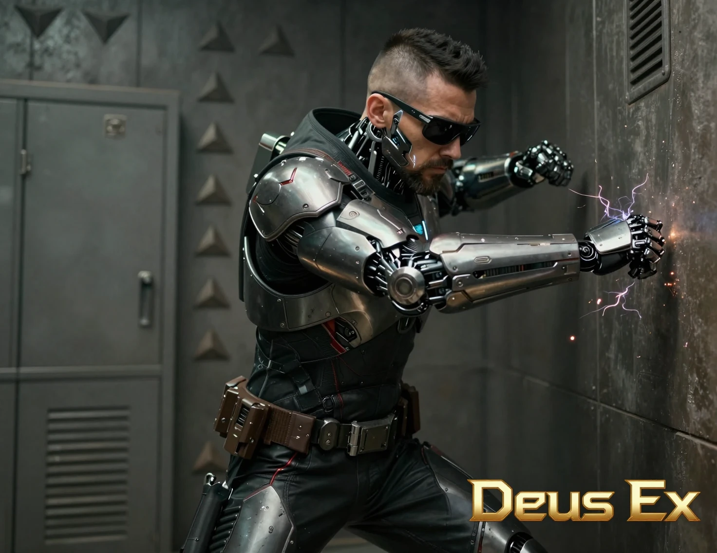 Detetive cibernético em armadura futurista desferindo um golpe poderoso