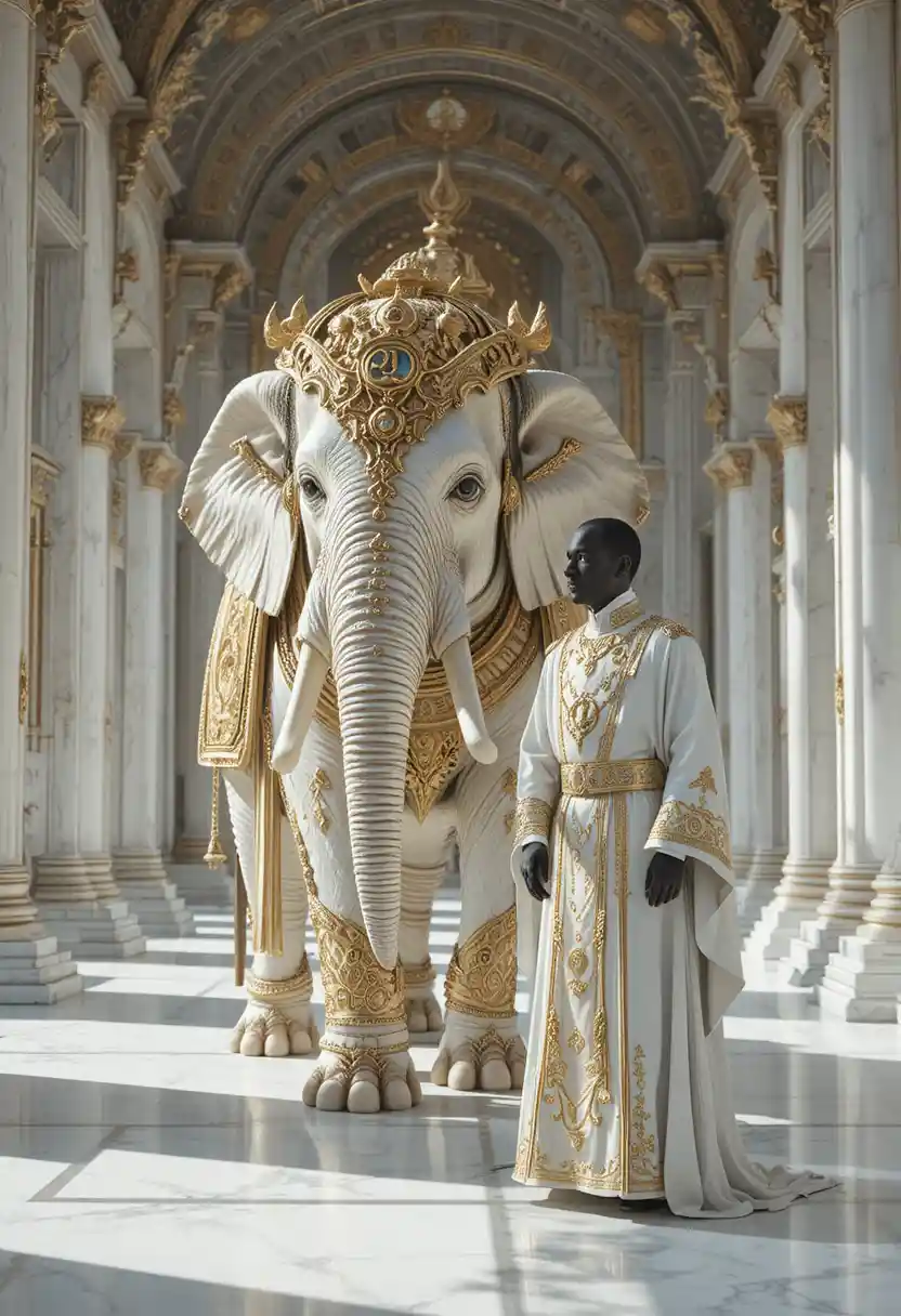 White armored elephant beside masked priest in marble temple