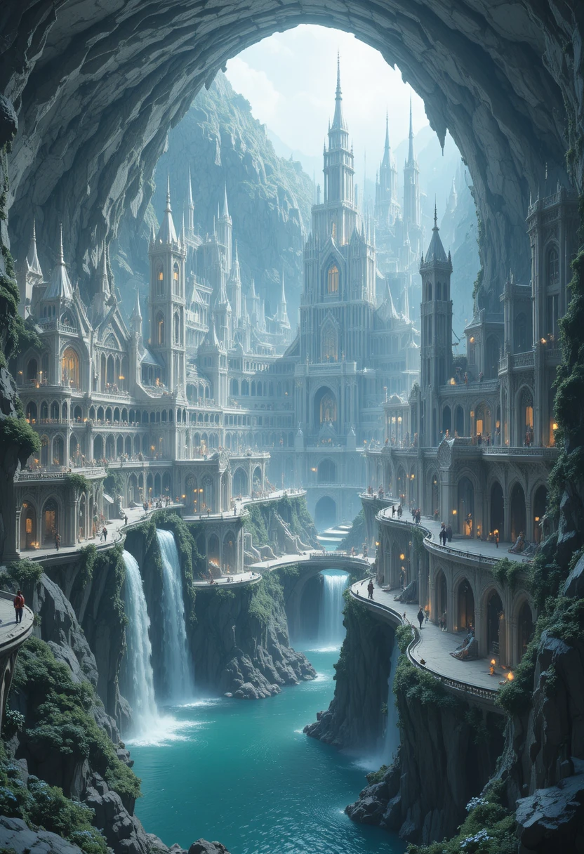 Colossal cidade branca de fantasia dentro de uma imensa caverna de calcário