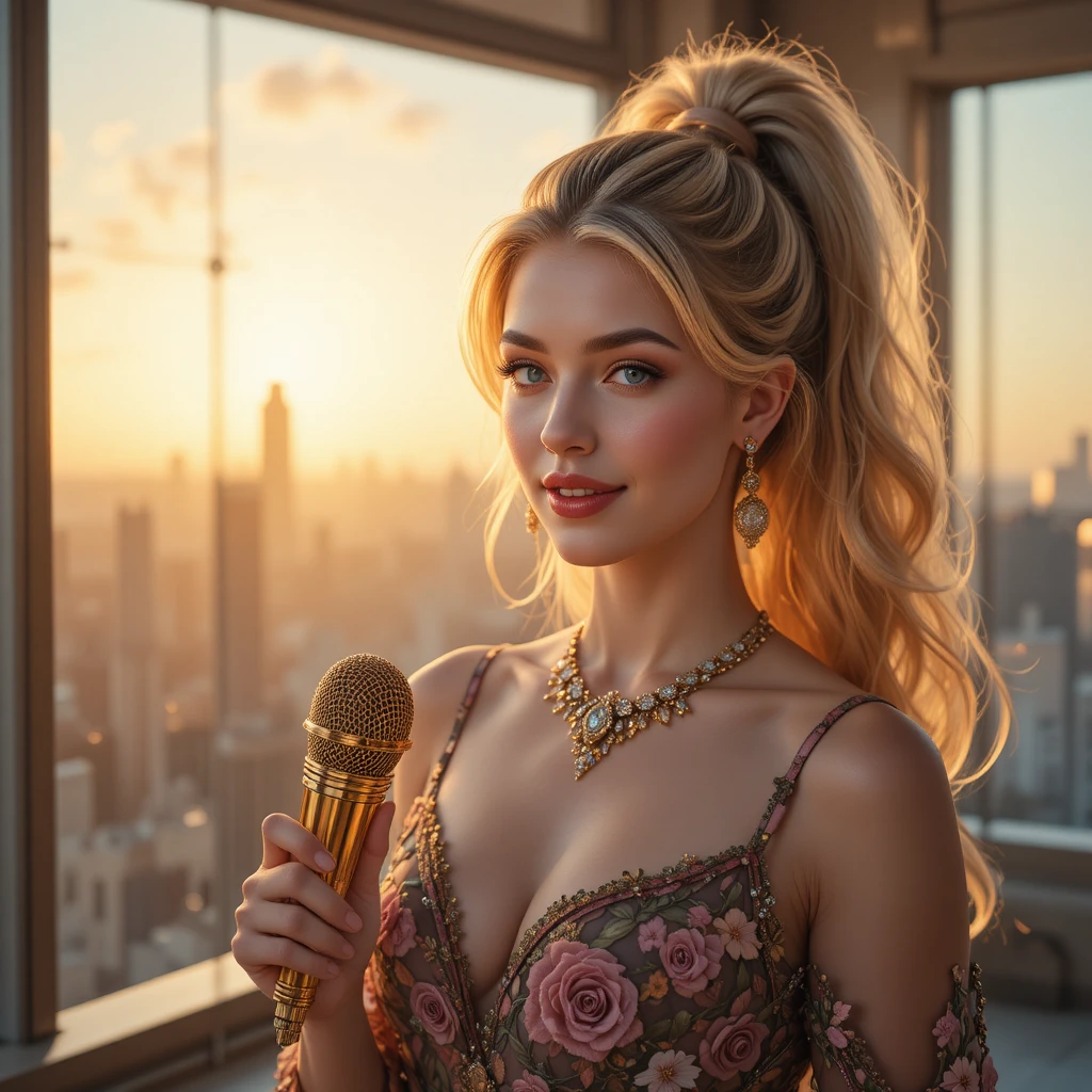 Joyful blonde woman singing in a dawn penthouse