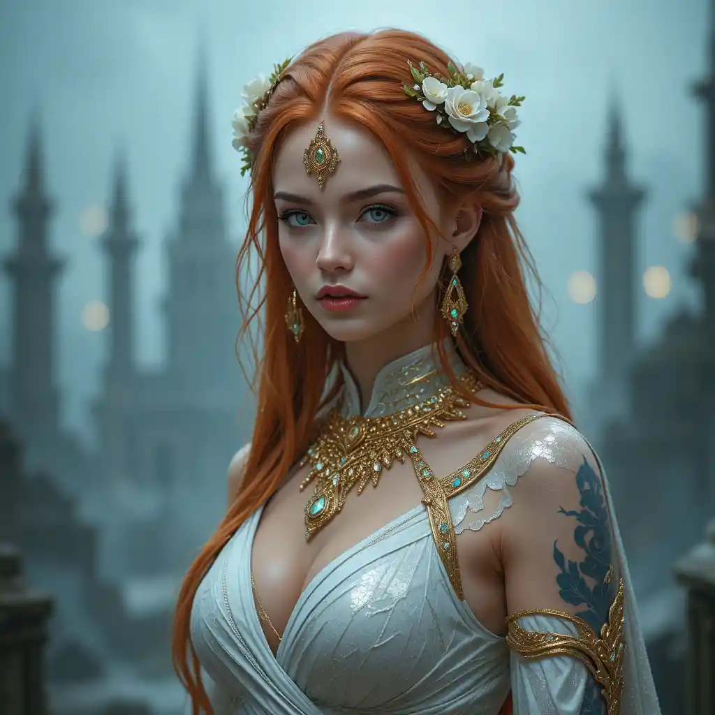 Fantasy warrior priestess with copper hair and gold jewelry