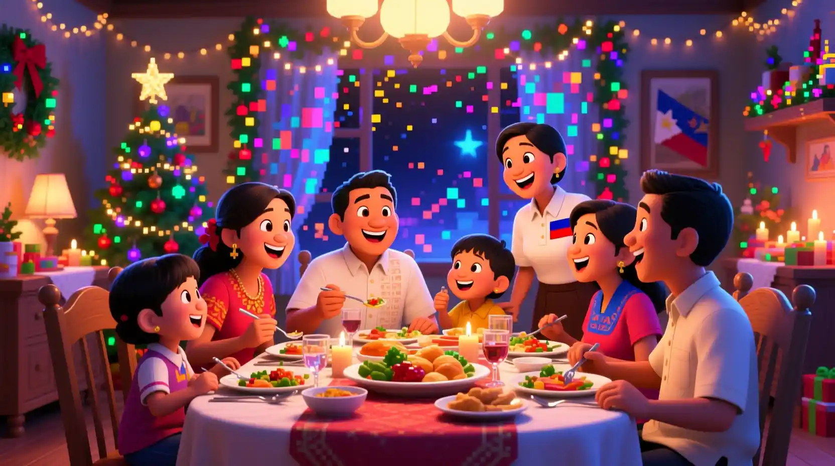祝祭ムードのダイニングでノチェ・ブエナの夕食を囲むフィリピン人家族