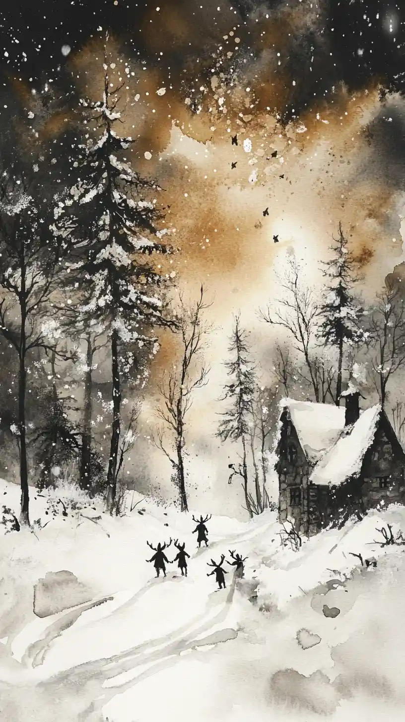 Elfi che Giocano in un Magico Paesaggio Invernale Sferzato dalla Bufera