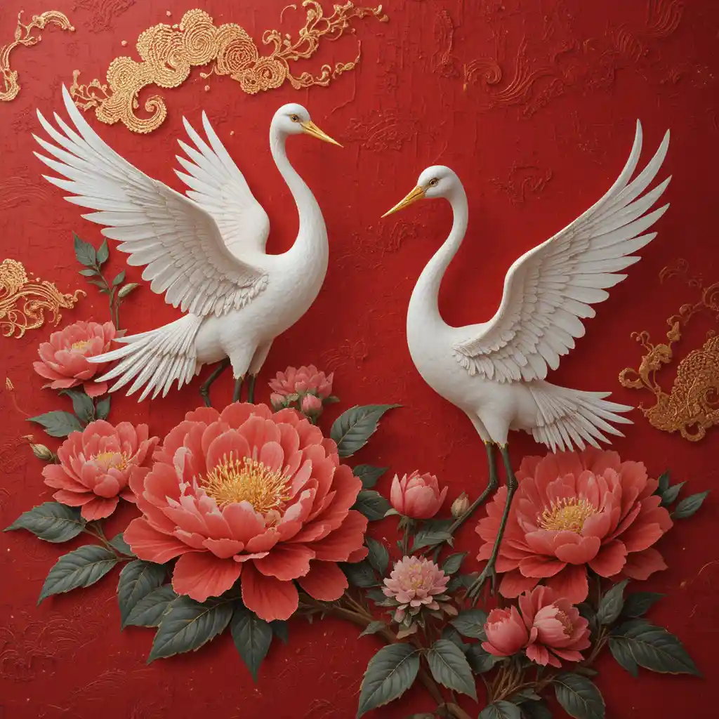 Classical silk painting of cranes and peonies on red gold canvas